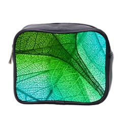 3d Leaves Texture Sheet Blue Green Mini Toiletries Bag (two Sides)