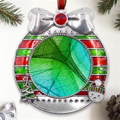 3d Leaves Texture Sheet Blue Green Metal X mas Ribbon With Red Crystal Round Ornament