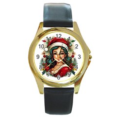 Young Woman With Santa Claus Clothes Isolated Illustration Wb Round Gold Metal Watch