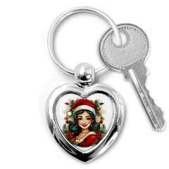 Young Woman With Santa Claus Clothes Isolated Illustration Wb Key Chain (heart) by dflcprintsclothing