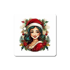 Young Woman With Santa Claus Clothes Isolated Illustration Wb Square Magnet