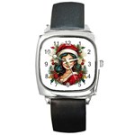 Young Woman With Santa Claus Clothes Isolated Illustration Wb Square Metal Watch Front