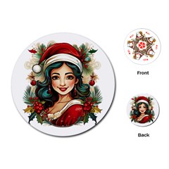 Young Woman With Santa Claus Clothes Isolated Illustration Wb Playing Cards Single Design (round)