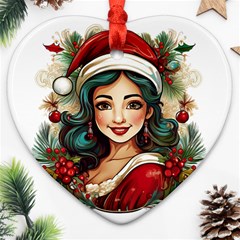 Young Woman With Santa Claus Clothes Isolated Illustration Wb Heart Ornament (two Sides)