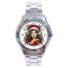 Young Woman With Santa Claus Clothes Isolated Illustration Wb Stainless Steel Analogue Watch