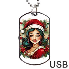 Young Woman With Santa Claus Clothes Isolated Illustration Wb Dog Tag Usb Flash (two Sides)