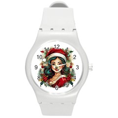 Young Woman With Santa Claus Clothes Isolated Illustration Wb Round Plastic Sport Watch (m)