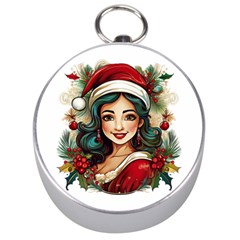 Young Woman With Santa Claus Clothes Isolated Illustration Wb Silver Compasses