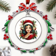 Young Woman With Santa Claus Clothes Isolated Illustration Wb Metal X mas Wreath Ribbon Ornament by dflcprintsclothing