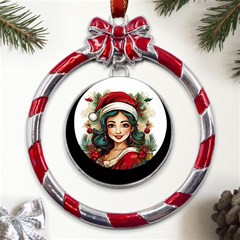 Young Woman With Santa Claus Clothes Isolated Illustration Wb Metal Red Ribbon Round Ornament by dflcprintsclothing