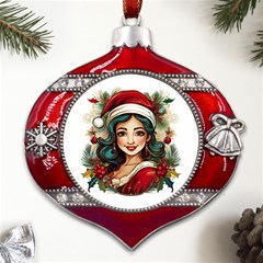 Young Woman With Santa Claus Clothes Isolated Illustration Wb Metal Snowflake And Bell Red Ornament by dflcprintsclothing