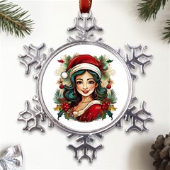 Young Woman With Santa Claus Clothes Isolated Illustration Wb Metal Large Snowflake Ornament by dflcprintsclothing