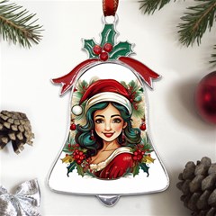 Young Woman With Santa Claus Clothes Isolated Illustration Wb Metal Holly Leaf Bell Ornament by dflcprintsclothing