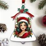 Young Woman With Santa Claus Clothes Isolated Illustration Wb Metal Holly Leaf Bell Ornament Front