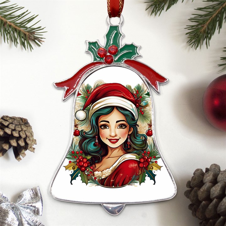 Young Woman With Santa Claus Clothes Isolated Illustration Wb Metal Holly Leaf Bell Ornament