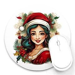 Young Woman With Santa Claus Clothes Isolated Illustration Wb Round Mousepad by dflcprintsclothing