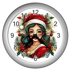 Young Woman With Santa Claus Clothes Isolated Illustration Wb Wall Clock (silver)