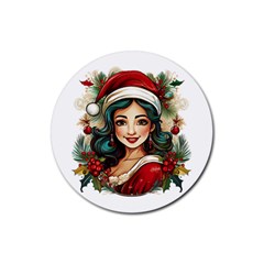 Young Woman With Santa Claus Clothes Isolated Illustration Wb Rubber Round Coaster (4 Pack)