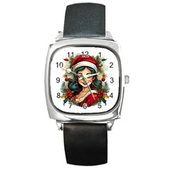 Young Woman With Santa Claus Clothes Isolated Illustration Wb Square Metal Watch by dflcprintsclothing