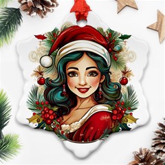 Young Woman With Santa Claus Clothes Isolated Illustration Wb Ornament (snowflake)