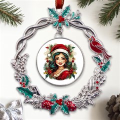 Young Woman With Santa Claus Clothes Isolated Illustration Wb Metal X mas Wreath Holly Leaf Ornament