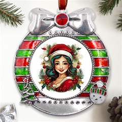 Young Woman With Santa Claus Clothes Isolated Illustration Wb Metal X mas Ribbon With Red Crystal Round Ornament