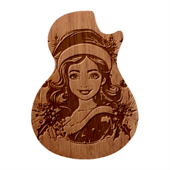 Young Woman With Santa Claus Clothes Isolated Illustration Wb Guitar Shape Wood Guitar Pick Holder Case And Picks Set by dflcprintsclothing