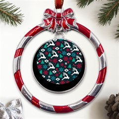 Holiday Season Pattern December Happy Holidays Merry Christmas Winter Family Festive New Year Metal Red Ribbon Round Ornament