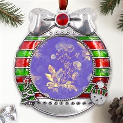 Flower Petal Bouquet Stem Floral Pattern Metal X mas Ribbon With Red Crystal Round Ornament