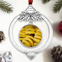 Bananas, Macro, Fruits, Ripe Bananas Metal Silver X mas Leaves Round Ornament by kyorashop23