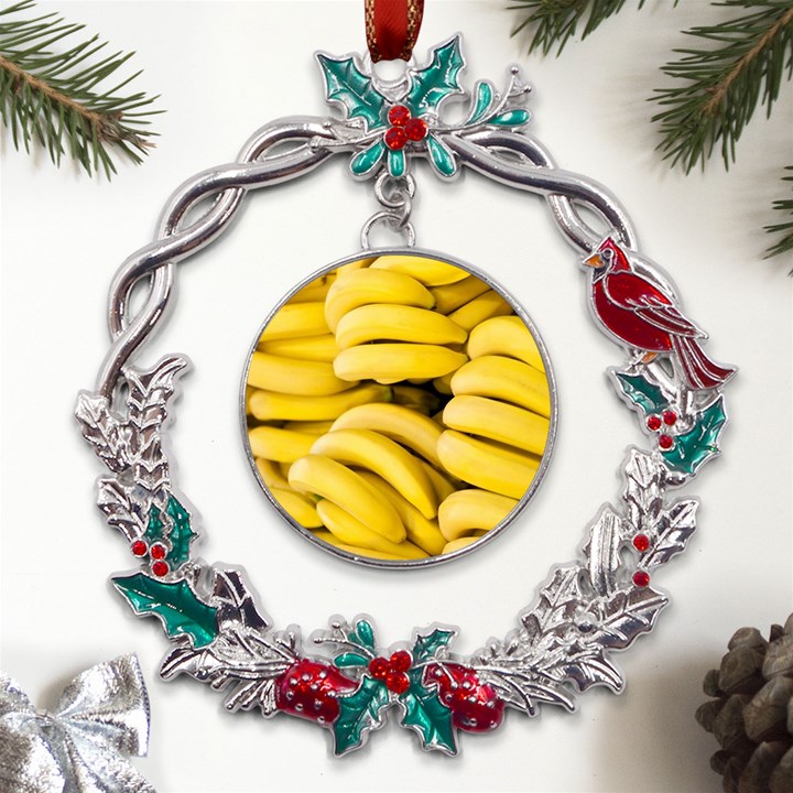 Bananas, Macro, Fruits, Ripe Bananas Metal X mas Wreath Holly leaf Ornament