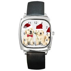 Christmas Puppies, Santa, Craciun, Christmas, Funny, Hat, Puppy, Red Square Metal Watch by kyorashop23