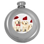 Christmas Puppies, Santa, Craciun, Christmas, Funny, Hat, Puppy, Red Round Hip Flask (5 oz) Front