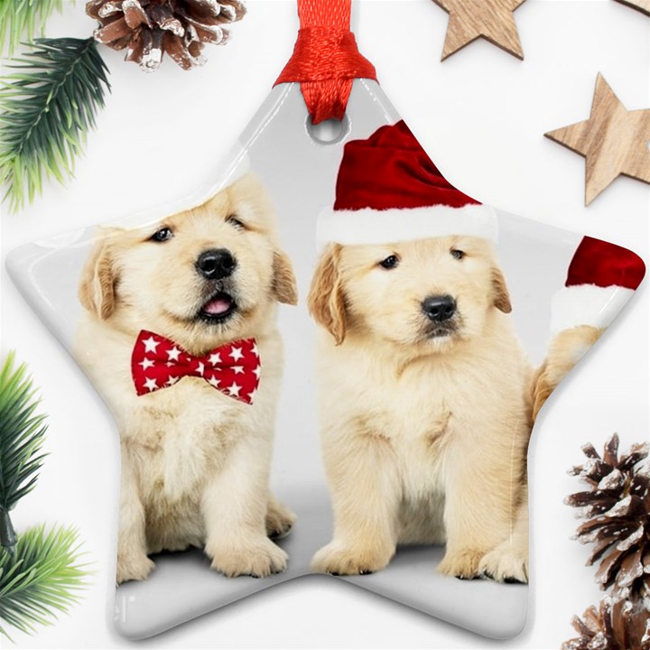 Christmas Puppies, Santa, Craciun, Christmas, Funny, Hat, Puppy, Red Star Ornament (Two Sides)