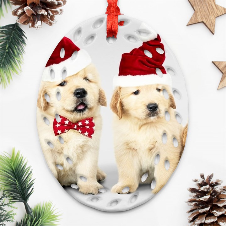 Christmas Puppies, Santa, Craciun, Christmas, Funny, Hat, Puppy, Red Ornament (Oval Filigree)