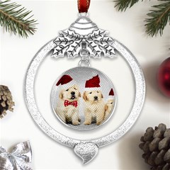 Christmas Puppies, Santa, Craciun, Christmas, Funny, Hat, Puppy, Red Metal Silver X mas Leaves Round Ornament by kyorashop23