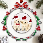 Christmas Puppies, Santa, Craciun, Christmas, Funny, Hat, Puppy, Red Metal X mas Wreath Ribbon Ornament Front