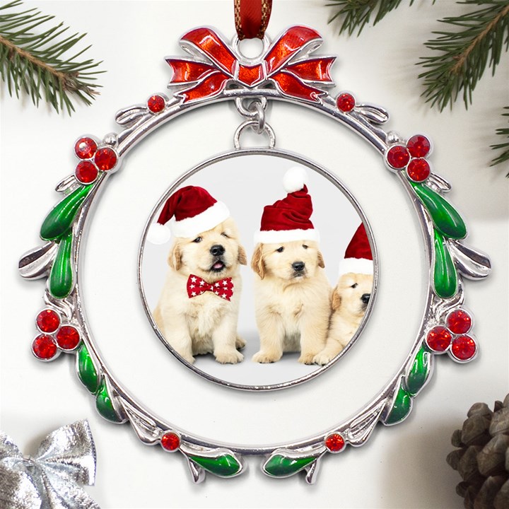 Christmas Puppies, Santa, Craciun, Christmas, Funny, Hat, Puppy, Red Metal X mas Wreath Ribbon Ornament