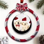 Christmas Puppies, Santa, Craciun, Christmas, Funny, Hat, Puppy, Red Metal Red Ribbon Round Ornament Front