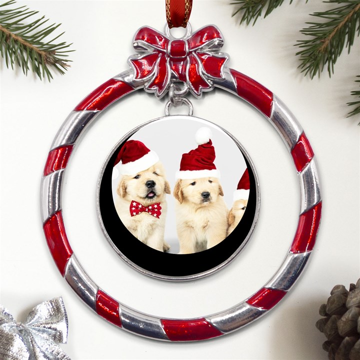 Christmas Puppies, Santa, Craciun, Christmas, Funny, Hat, Puppy, Red Metal Red Ribbon Round Ornament