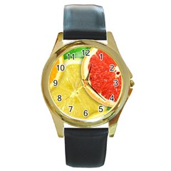 Fruit, Lemon Round Gold Metal Watch by kyorashop23