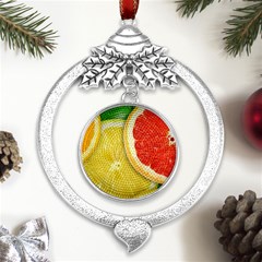 Fruit, Lemon Metal Silver X mas Leaves Round Ornament by kyorashop23