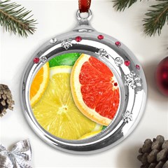 Fruit, Lemon Metal Snowflake Red Crystal Round Ornament by kyorashop23