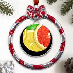 Fruit, Lemon Metal Red Ribbon Round Ornament