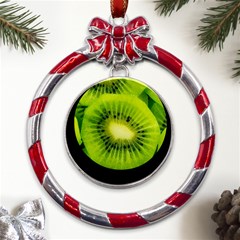 Kiwi Fruits, Close-up, Exotic Fruit Metal Red Ribbon Round Ornament by kyorashop23