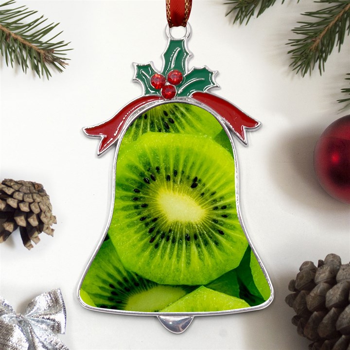 Kiwi Fruits, Close-up, Exotic Fruit Metal Holly Leaf Bell Ornament