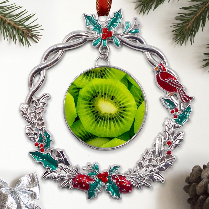 Kiwi Fruits, Close-up, Exotic Fruit Metal X mas Wreath Holly leaf Ornament