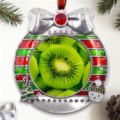 Kiwi Fruits, Close-up, Exotic Fruit Metal X mas Ribbon With Red Crystal Round Ornament by kyorashop23