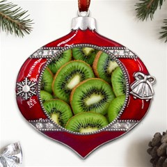 Kiwi Texture, Background With Kiwi, Fruits, Kiwi Metal Snowflake And Bell Red Ornament