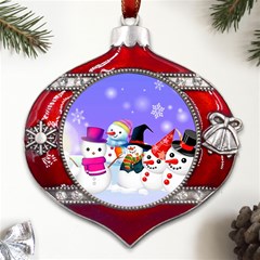 Let s Have Fun With Snowmen Metal Snowflake And Bell Red Ornament